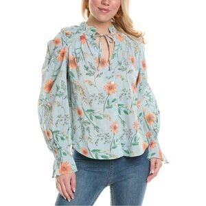 Free People Blue Meant To Be Floral Tie Neck Front Button Blouse